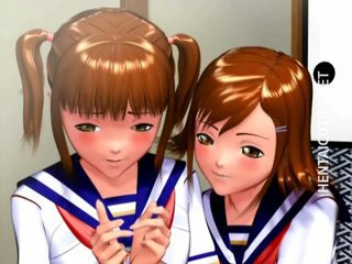 2人の3Dアニメの女子生徒は、釘を取得します