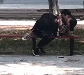 étudiant chinois fount l'amour sur le banc